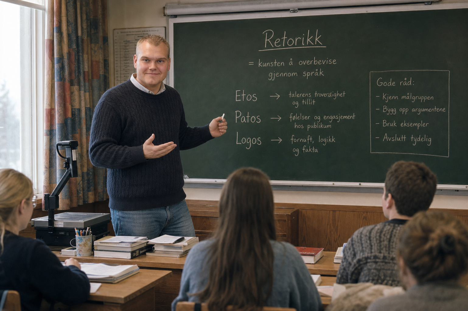 Martin underviser i retorikk foran en norskklasse